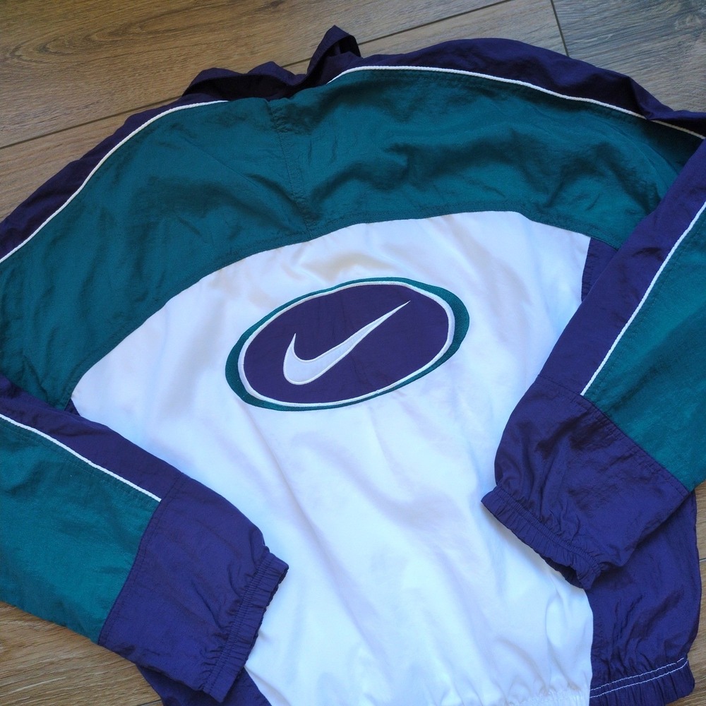 Vtg 90s Nike BIG Swoosh Logo Track Jacket Windbreaker Teal Purple Colorblock M